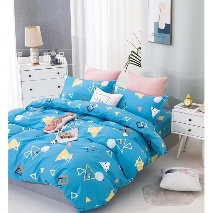 Lenjerie de pat pentru o persoana cu husa elastic pat si 2 fete perna dreptunghiulara, Noemi, bumbac ranforce, gramaj tesatura 120 g/mp, multicolor, 4 piese