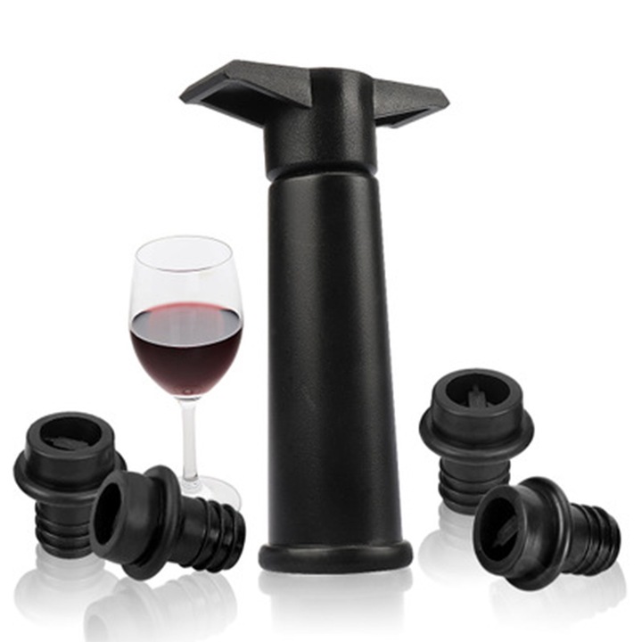 Set pompa de aer cu 4 dopuri vacuum pentru vin, negru, accesorii bucatarie