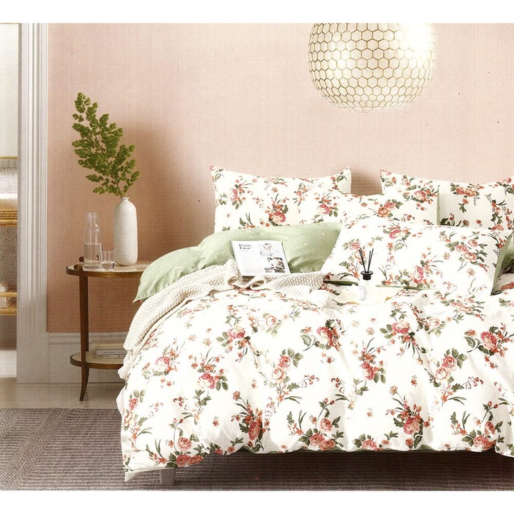Lenjerie de pat pentru o persoana cu husa elastic pat si 2 fete perna dreptunghiulara, Roisin, bumbac ranforce, gramaj tesatura 120 g/mp, multicolor, 4 piese