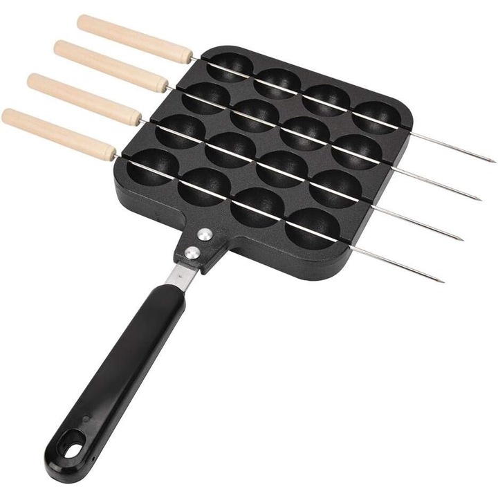 Takoyaki serpenyő, BGHYHYHI, alumínium, tapadásmentes, 16 lyuk, 4 tűvel, fekete