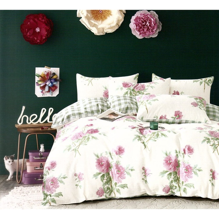 Lenjerie de pat matrimonial cu husa de perna patrata, Eretria, bumbac ranforce, gramaj tesatura 120 g/mp, multicolor, 4 piese