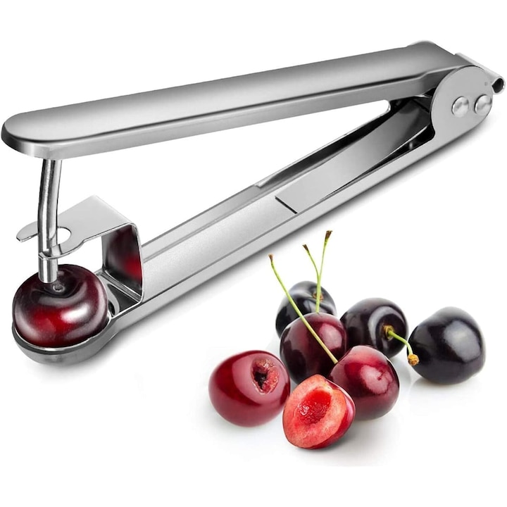 Curatator de samburi de cirese, inox, AMRINUGL, design ergonomic, 14.7x5.5cm, argintiu