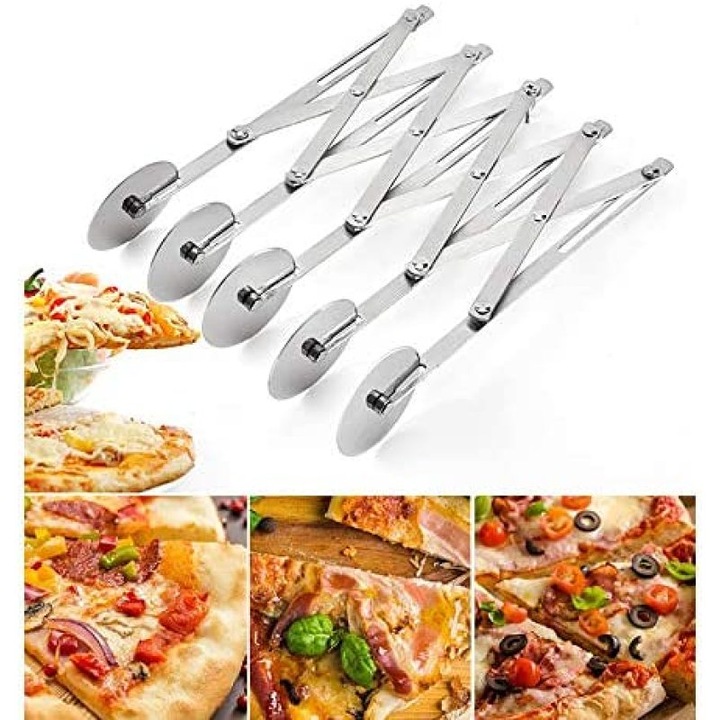 Taietor pentru pizza si aluat, cutter 5 roti din otel inoxidabil, reglabil cu piulite tip aripa, multifunctional pentru prajituri si paste, Argintiu, 1 buc