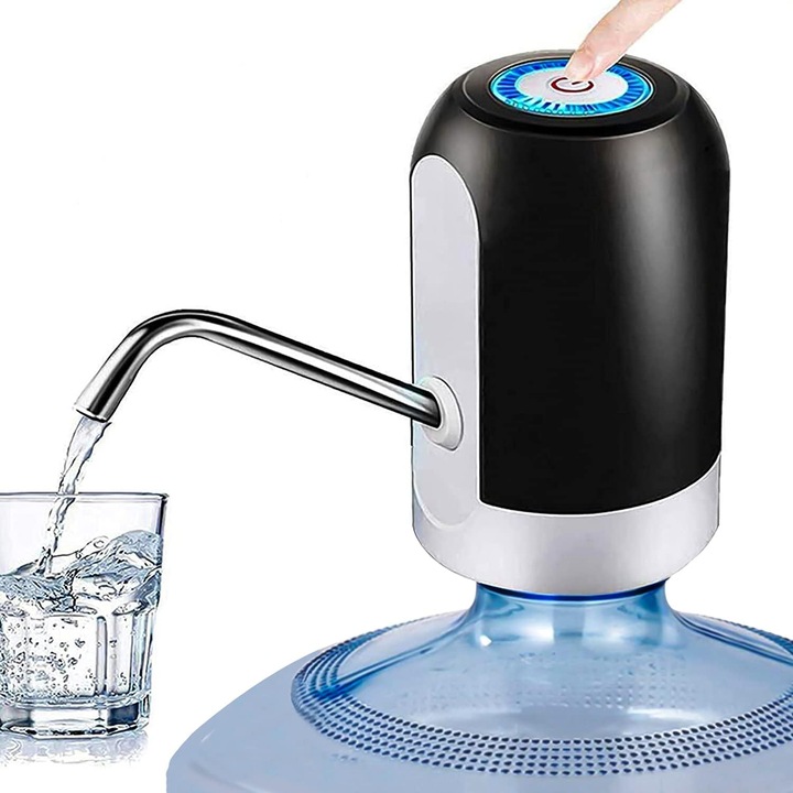 Pompa de apa portabila USB reincarcabila, dispenser electric pentru butelii, furtun din silicon alimentar si pipa inox, oprire automata 60s, Negru/alb, Compatibil 4.5-18.9L (5 gal)