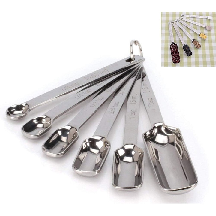 Set de 6 linguri de masurare din otel inoxidabil, design dreptunghiular, pentru recipiente inguste, rezistente la rugina