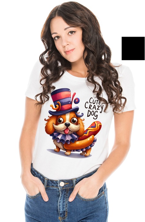 Дамска тениска Crazy Puppy Illustration Weird Look Tongue Out Playful Animal Lover Hotdog Face Print T-Shirt 100% памук, бяло, S