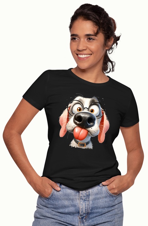 Дамска тениска с щампа на лицето Crazy Puppy Illustration Weird Look Glasses Stitch Out Tongue Jay Nerd Dog Lover 100% памук, черна, XS
