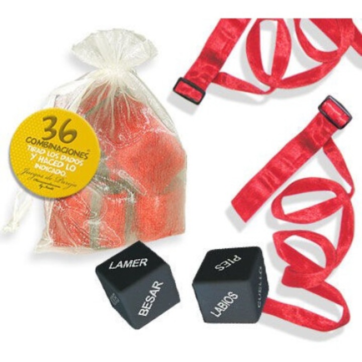 Set Accesorii pentru Petrecere Inedit, 2 Catuse Rosii, 2 Zaruri, Sac Organza