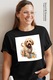 Tricou Femei cu un catel vesel, ilustratie, jucaus, bucuros, floricele, pe afara, zgarda cu imprimeu pe Fata, 100% Bumbac, Negru, XL