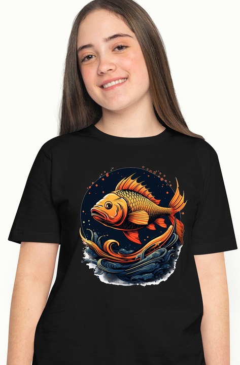 Tricou Femei cu un peste, ilustratie, cerc, apa, mare, pestisorul auriu cu imprimeu pe Fata, 100% Bumbac, Negru, XL