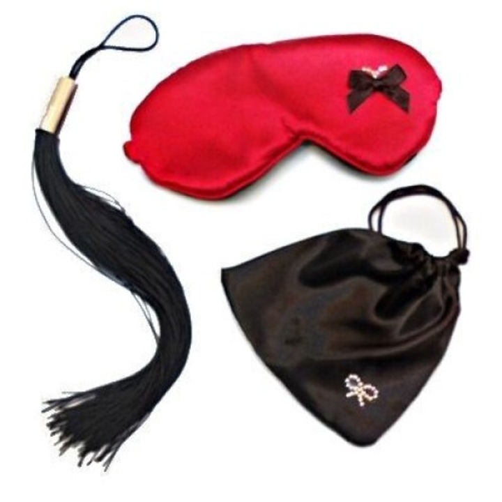 Комплект, Dominatrix, Сатенена маска за очи, Сатенена чанта, Камшик
