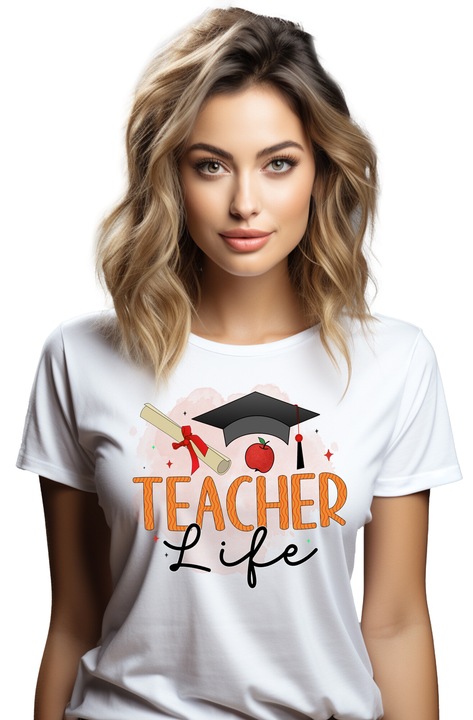 Női póló "Teacher life" felirattal, illusztráció, iskola, tanulók, diákok, tanárok, oktatás, tanítás, tanári élet, diploma, alma felirattal, 100% pamut, fehér, L
