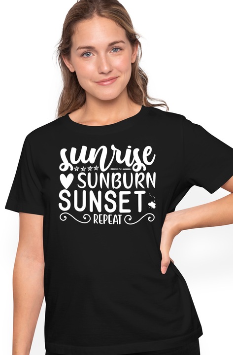 Női póló angol „Sunrise, sunburn, sunset, repeat” felirattal – sunrise sunset, arcnyomattal, 100% pamut, fekete, XS