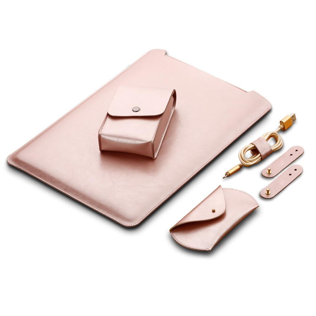 Husa laptop (sleeve) compatibila MacBook Air/Pro 13.3, din fetru si piele microfibra, cu protectie antisoc si inchidere velcro, set cu mouse pad, husa incarcator si 3 organizatoare de cabluri, roz auriu, 1 set