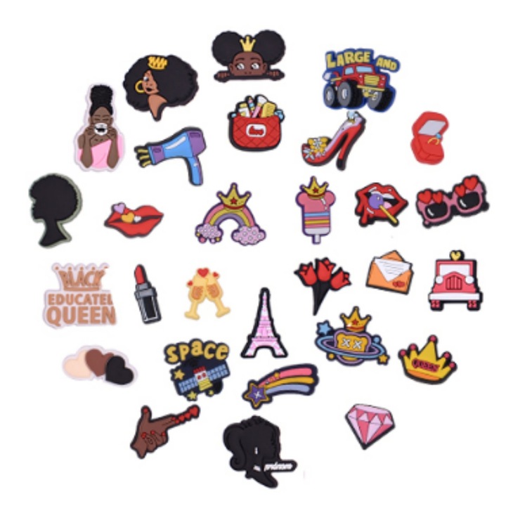 Set 30 accesorii pentru incaltaminte, AMRNUGL, PVC, tematica fetita, diverse forme, pentru crocs