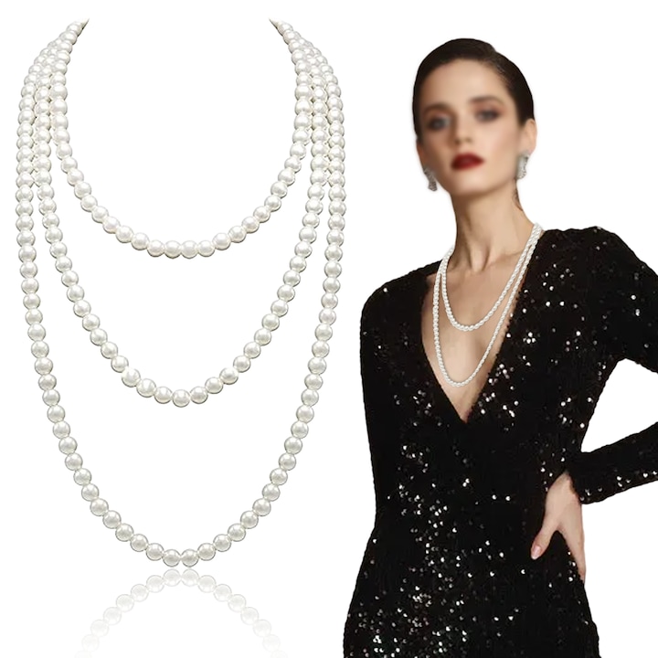 Colier lung din perle simulate, AMRINUGL, 150cm, alb, accesoriu vintage pentru petreceri 1920s