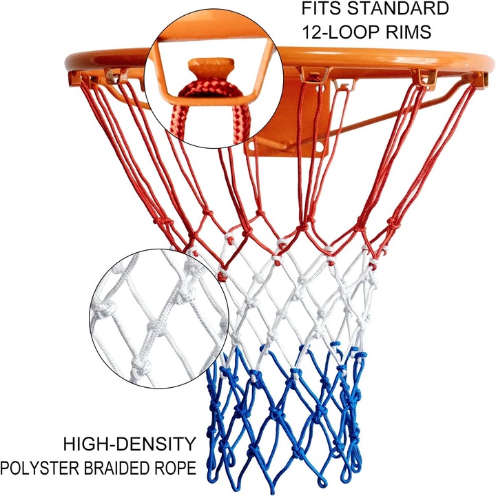 Professzionális kosárlabda háló, Enforose, időjárásálló, piros, fehér, kék színek, 12 csat, beltéri és kültéri használat