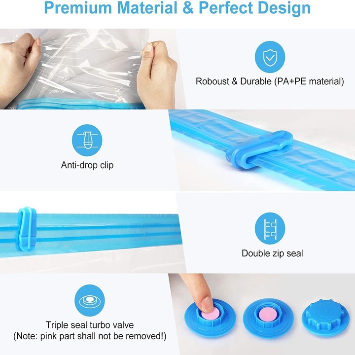 Комплект от 6 вакуумни торби с помпа, EWEIMA, полиамид / полиетилен, спестяващи място, устойчиви на влага, 80 x 60 cm / 70 x 50 cm, сини / прозрачни