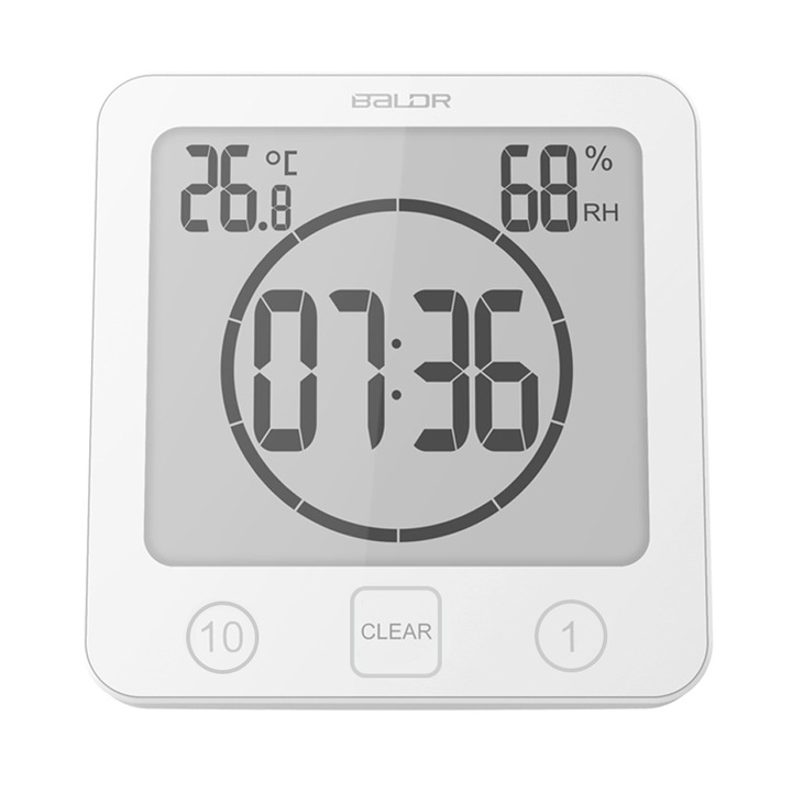Дигитален часовник за баня Baldr, LCD, термометър и хигрометър, функция за обратно броене, водоустойчив IP56