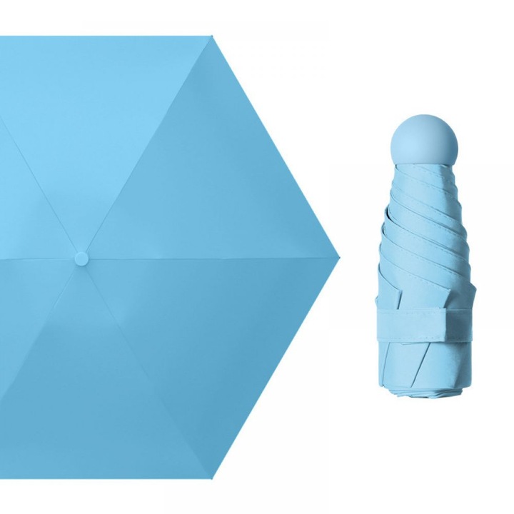 Mini esernyő - 6 bordás zsebes esernyő, 210T szövet és alumínium esernyőtartó - napvédő / UV összecsukható esernyő kültéri használatra - arany fogantyú, könnyű és kompakt, kék