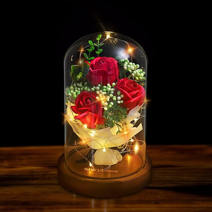 Trandafir etern in sticla, lumina LED, transparent, 15x20cm