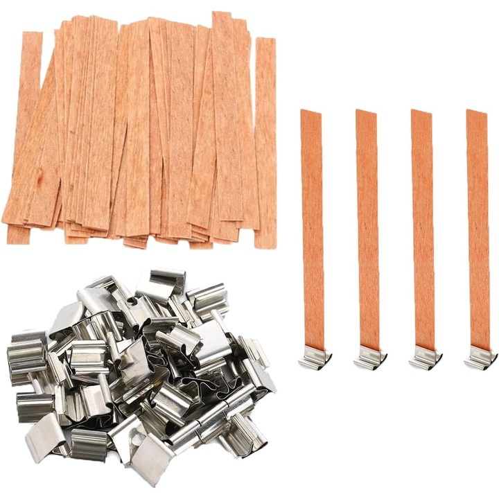 Fitiluri din lemn pentru lumanari, AMRINUGL, compatibile cu ceara de soia, timp de ardere indelungat, set pentru realizare lumanari