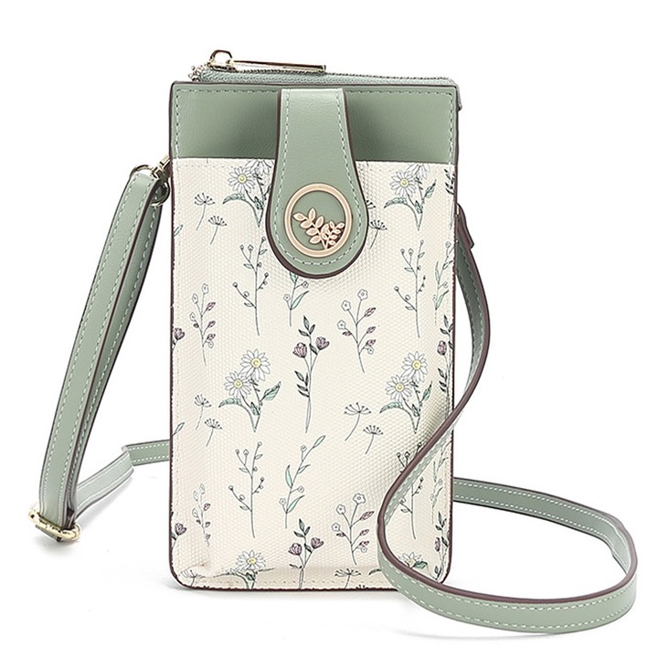 Чанта през рамо за мобилен телефон, QttvbTna, флорален десен, зелена, 19x5x10,5 см