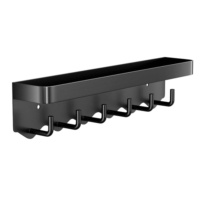 Suport de chei cu raft, BGHYHYHI, metal, design valuri, montare autoadeziva/surub, 6 carlige, negru