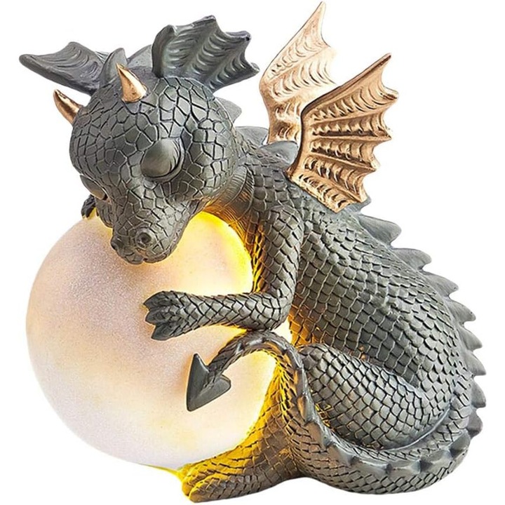 Statuie decorativa de gradina solara cu dragon, ou magic, din rasina rezistenta la intemperii, detalii pictate manual, 30x45cm