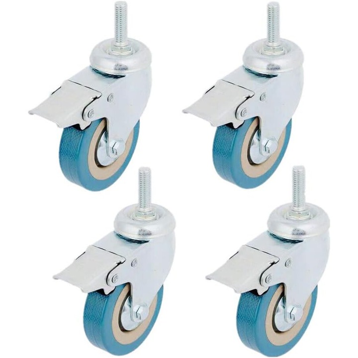 Set de roti industriale, Enforose, roti pivotante cu tija filetata, blocare totala, poliuretan fara marcaj, 3 inchi