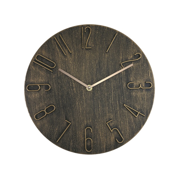 Ceas de perete rotund silentios, design minimalist, auriu, 30x30cm