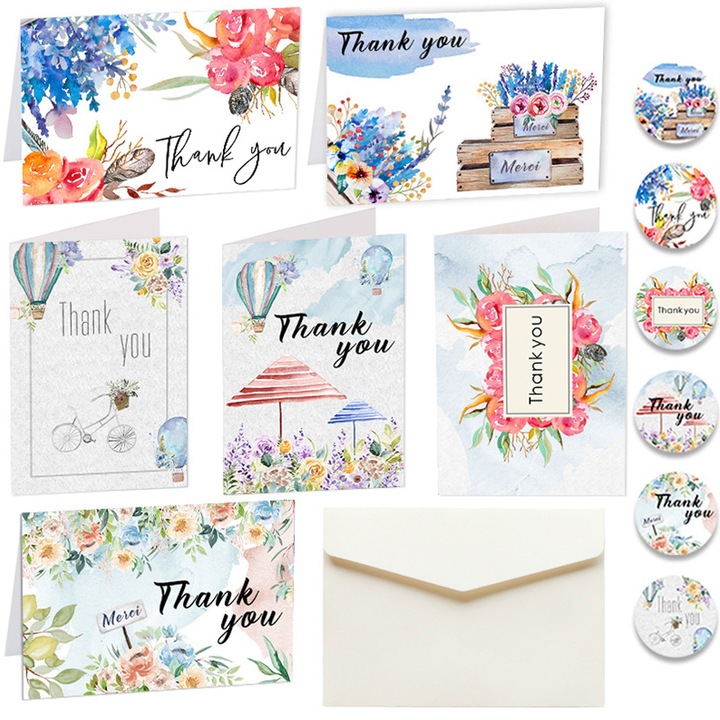 Set 12 felicitari "Thank you", BGHYHYHI, multicolor, 3.9x5.9 inch, cu plicuri