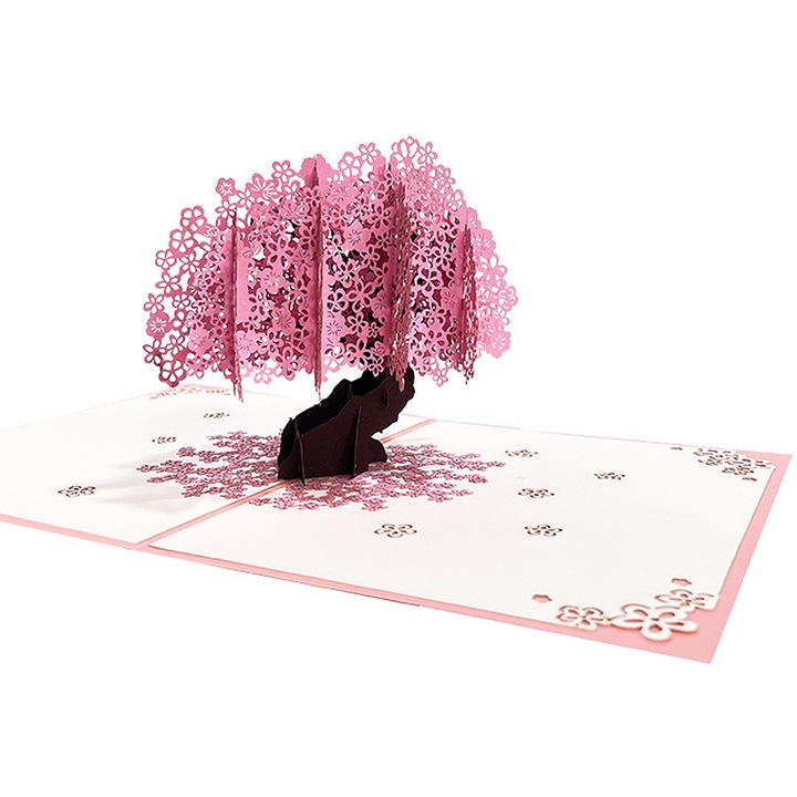 Felicitare 3D Peach Blossom, pop-up, roz, 15x20cm, set cu plic si eticheta notite