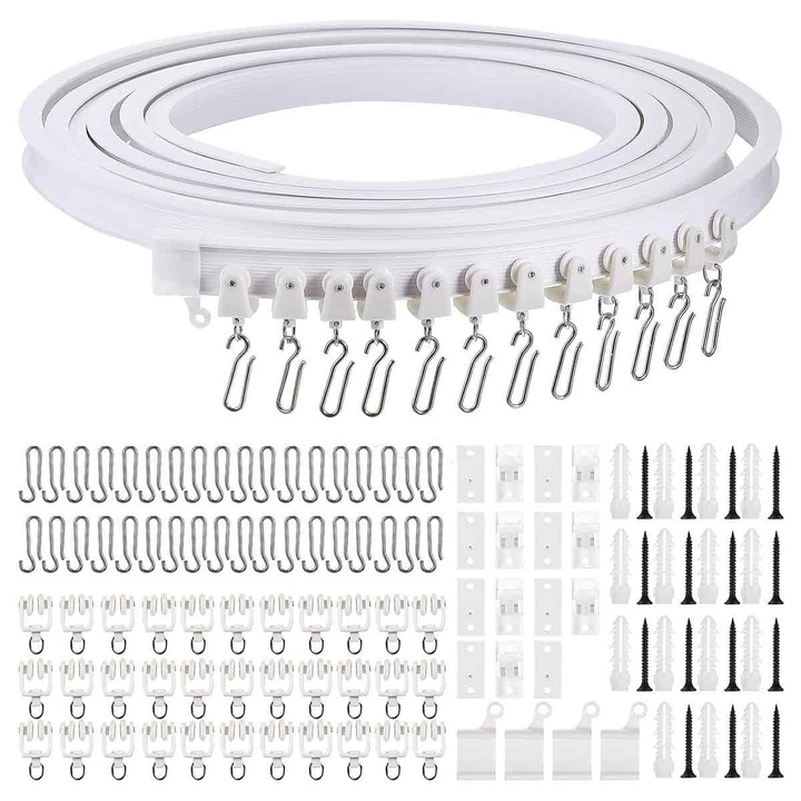 Извити таванни релси гъвкава опора за таванни пердета извита релса за пердета за меки завеси с метални куки за пердета, разделител за стая за пердета за легло, таванна релса