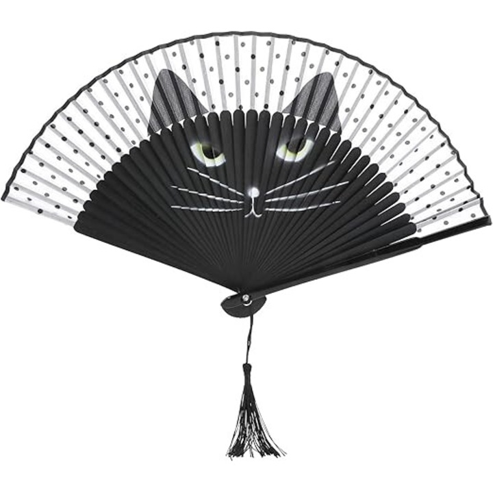 BGHYHYHI сгъваем вентилатор, дизайн черна котка, с копринени пискюли, бамбук, 21x37 см