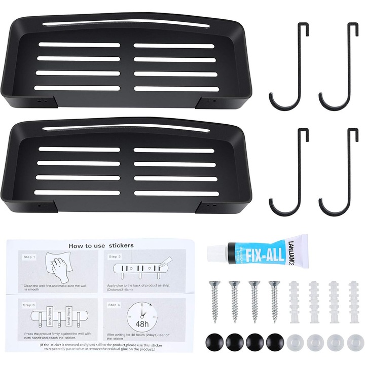 Raft de dus coltar din otel inoxidabil, AMRINUGL, finisaj negru mat, capacitate mare de incarcare, ajustabil pe inaltime