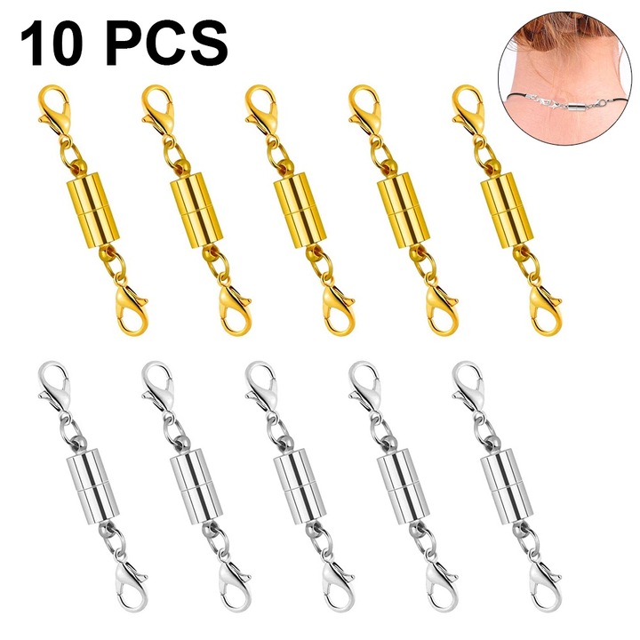 10 darabos mágneses ékszerkapocs készlet, Jormftte, ezüst és arany, 40mm, 6mm x 8mm