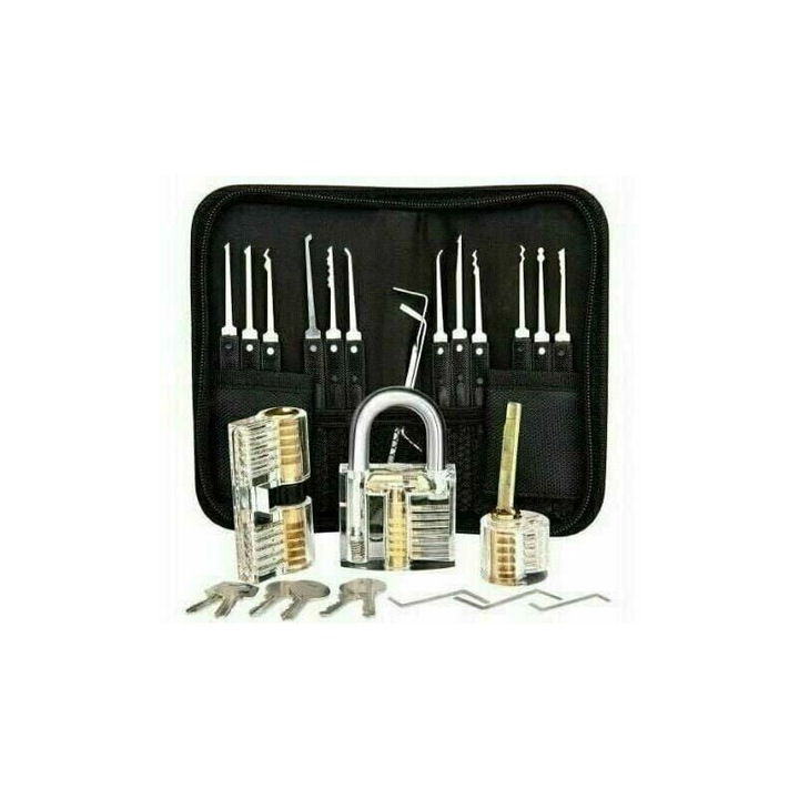Set profesional de unelte pentru deschiderea lacatelor, Tovbmup, 26 unelte, 3 lacate transparente