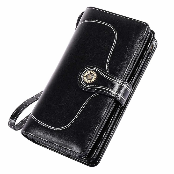BGHYHYHI női pénztárca, természetes bőr, többrekeszes, RFID védelem, fekete, 11x19,3x3,8 cm