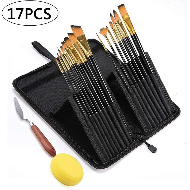 Set pensule acrilice multifunctionale, peri moi din nailon pentru panza, accesorii, sculpturi si unghii, include punga portabila din panza Oxford