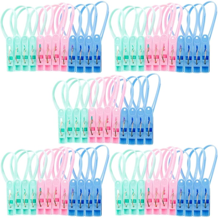 Carlige de rufe, Enforose, set 60 buc, multicolor, din plastic PP, rezistente la vant, anti-alunecare