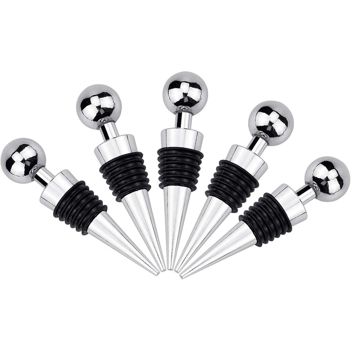 Dop sofisticat pentru sticle de vin, dopuri de vin reutilizabile pentru petreceri la bar, dop pentru sticle de vid rezistent la scurgeri Sticla standard pentru pastrare proaspata, 5 buc argintiu cu design de vid din silicon