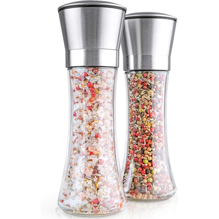 Rasnita de condimente, Cozevdnt, set 2 buc, inox, roz, sticla, mecanism ceramic reglabil
