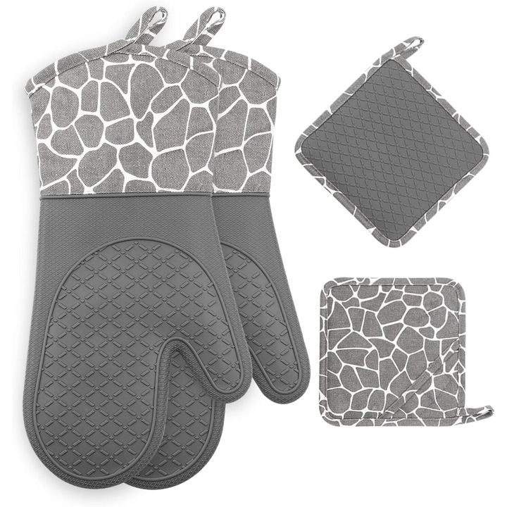 Konyhai kesztyű, Enforose, hőálló, csúszásmentes fogású, teljes készlet edényfogókkal, szürke, univerzális méret