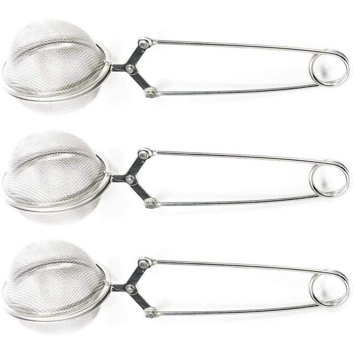 Set infuzor ceai din otel inoxidabil, Enforose, maner cu actiune de primavara, plasa mare, compact