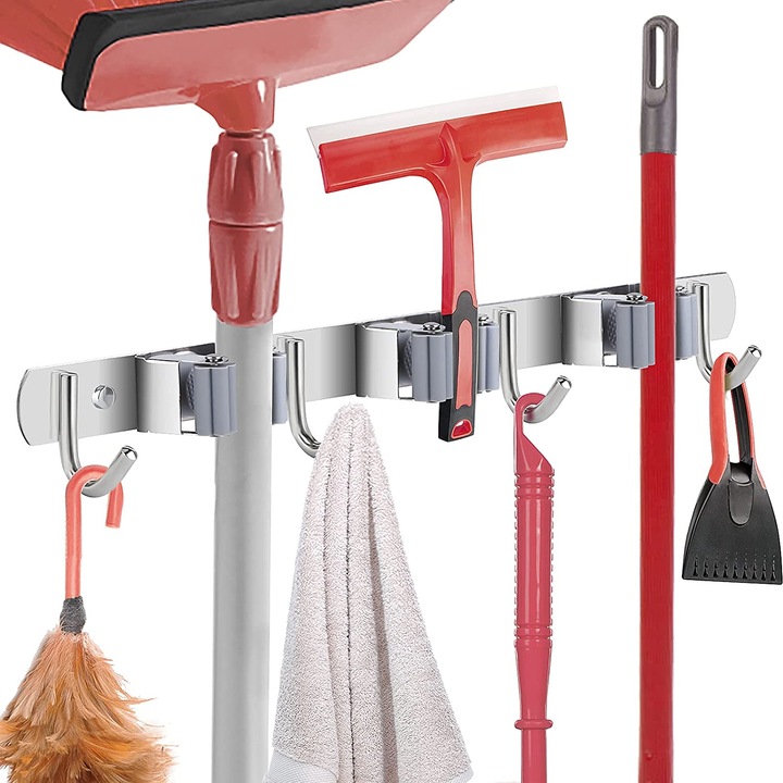 Organizator din otel inoxidabil usor de instalat, suport de perete autoadeziv rezistent, design rezistent la intemperii in interior si exterior, design versatil care economiseste spatiu pentru garaj sau sopron de gradina (gri)