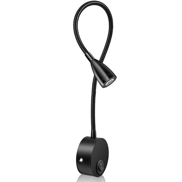 Lampa de citit, Aluminiu, LED, Montare perete, 3000K, 3W, Gat flexibil, 38 cm, Negru