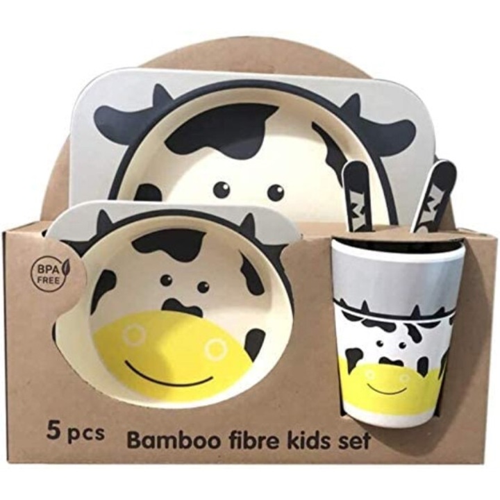Jormftte baba étkészlet, 5 részes, animált tehén mintás, bambuszszálból, hőálló