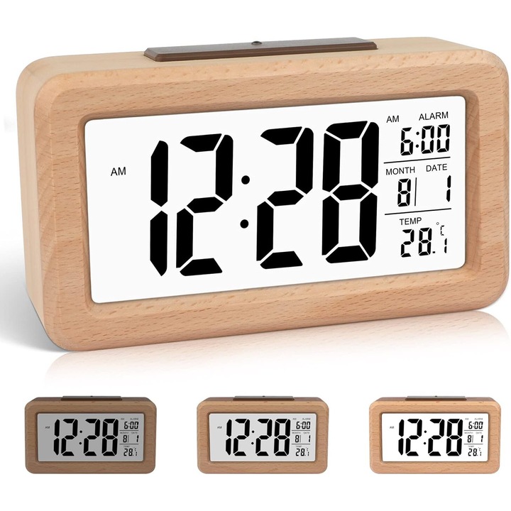 BGHYHYHI дървен цифров будилник, LCD дисплей, температура, дата, подсветка, Snooze функция