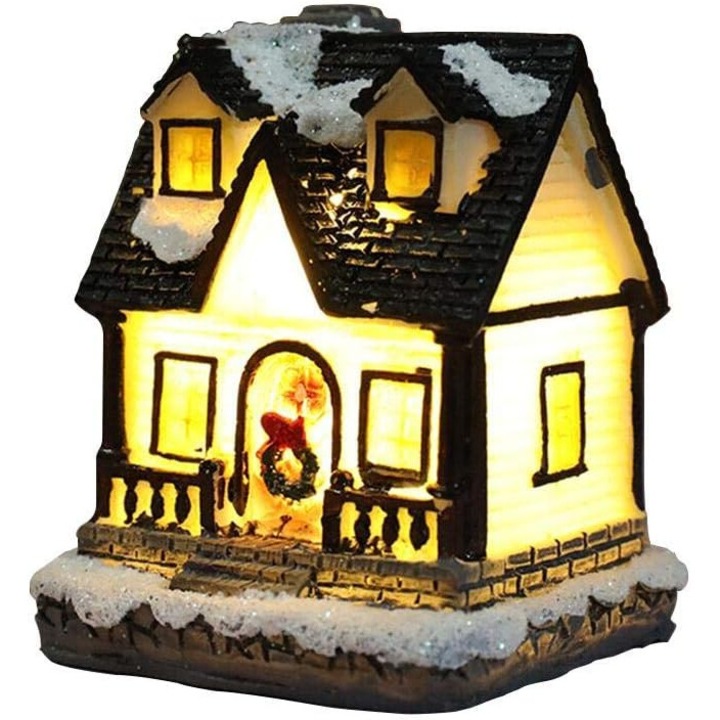 Коледна украса, AMRINUGL, Къщичка от смола, топло бяло LED, 20x15x10см